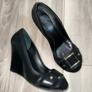 Tory Burch Meredith leather suede buckle wedges size 7